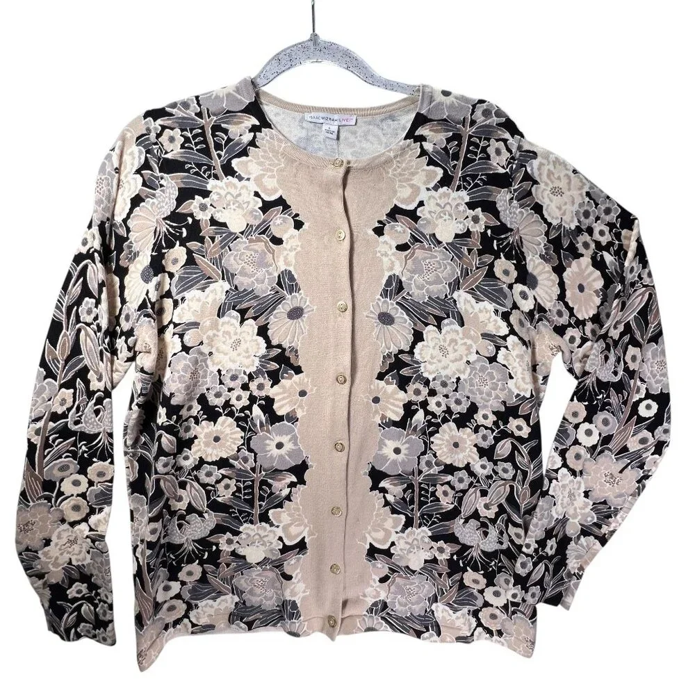 NWOT Isaac Mizrahi Live Floral Button Down Cardigan L Beige Black Womens Sweater - Picture 3 of 11